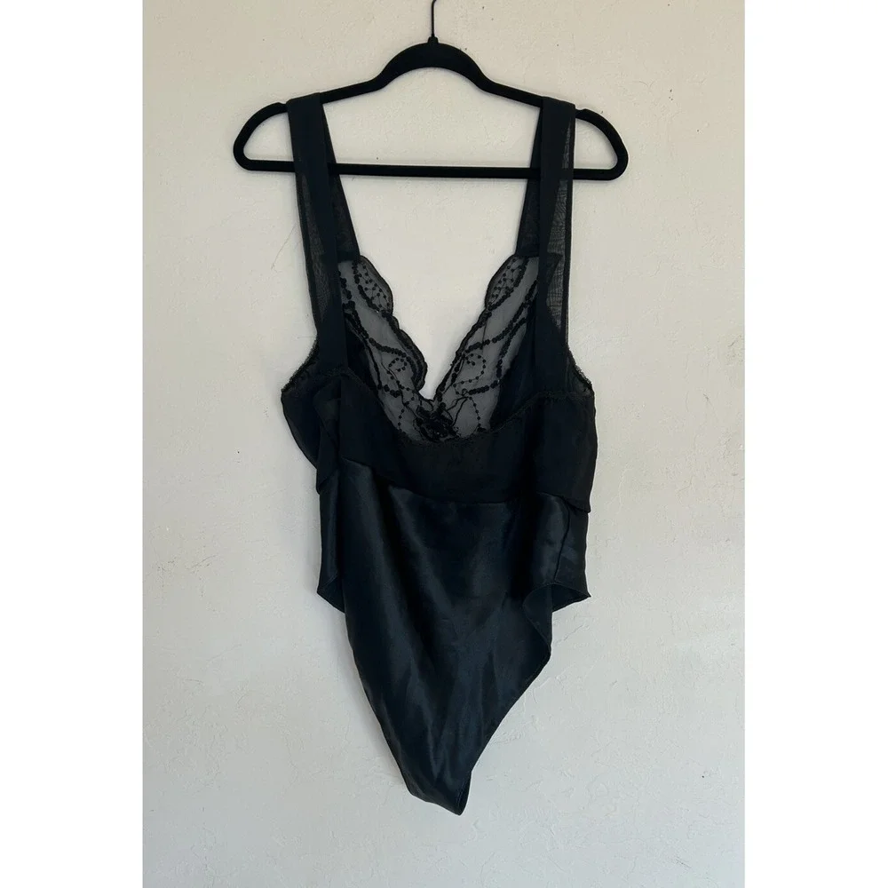 Vintage 80s Mara Black Sheer Satin Beaded‎ Teddy High Cut L Sequin Lingerie